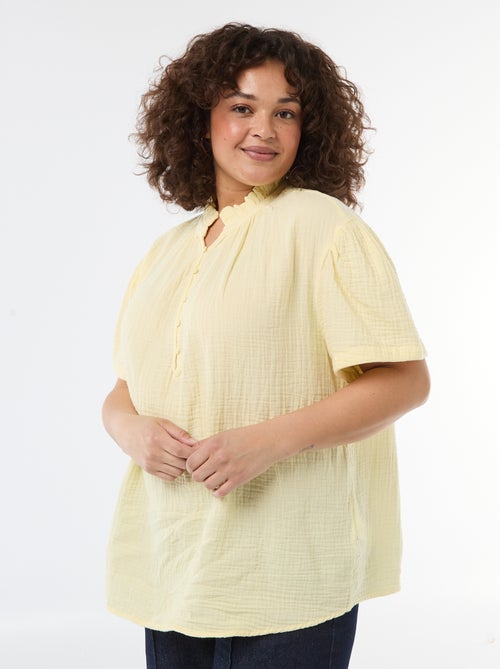 Blusa de gasa de algodón con cuello fruncido - Kiabi