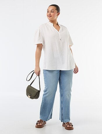 Blusa de gasa de algodón con cuello fruncido