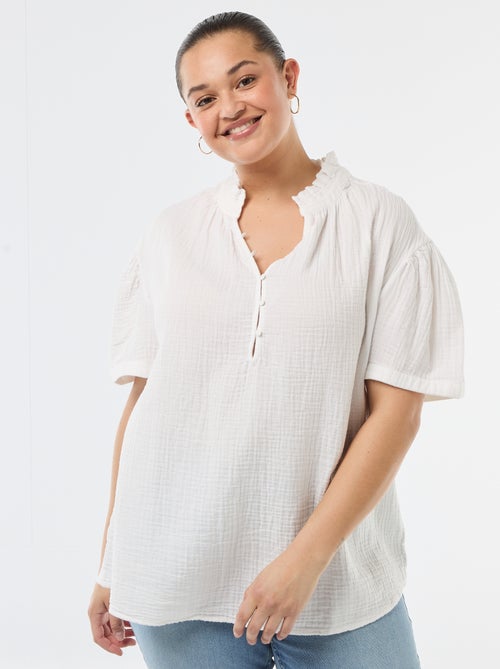 Blusa de gasa de algodón con cuello fruncido - Kiabi