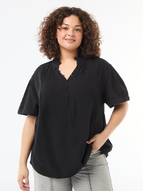 Blusa de gasa de algodón con cuello fruncido - Kiabi