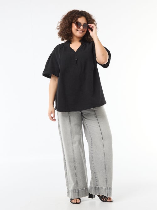 Blusa de gasa de algodón con cuello fruncido - Kiabi