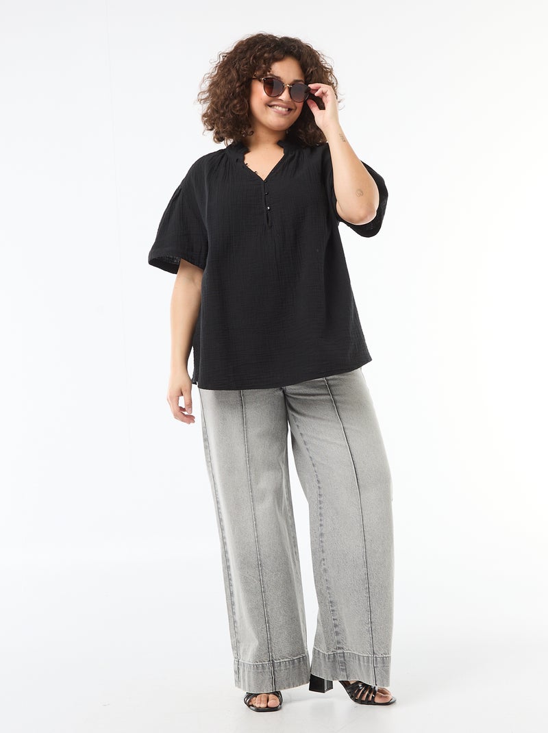 Blusa de gasa de algodón con cuello fruncido Negro - Kiabi
