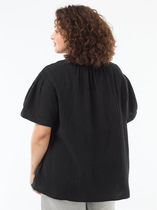 Blusa de gasa de algodón con cuello fruncido - Kiabi