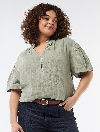 Blusa de gasa de algodón con cuello fruncido