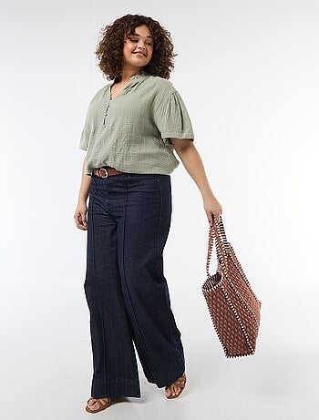 Blusa de gasa de algodón con cuello fruncido