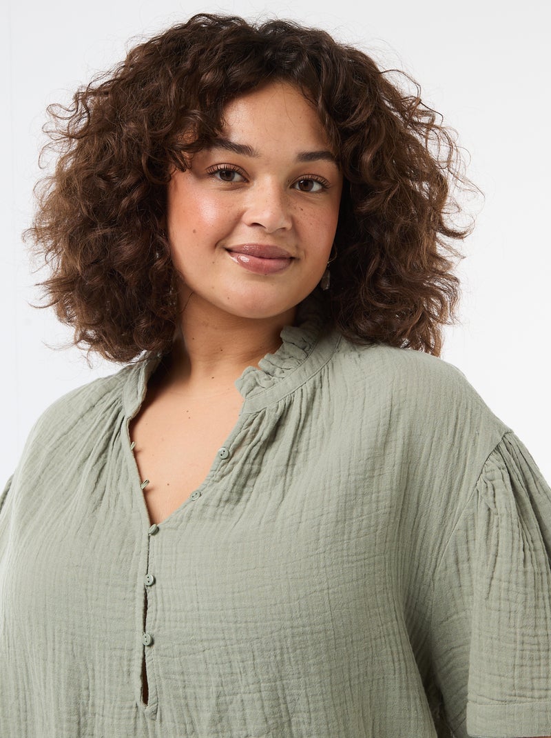 Blusa de gasa de algodón con cuello fruncido Verde - Kiabi
