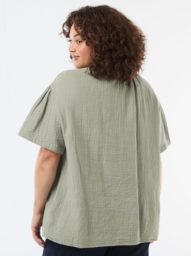 Blusa de gasa de algodón con cuello fruncido Verde - Kiabi