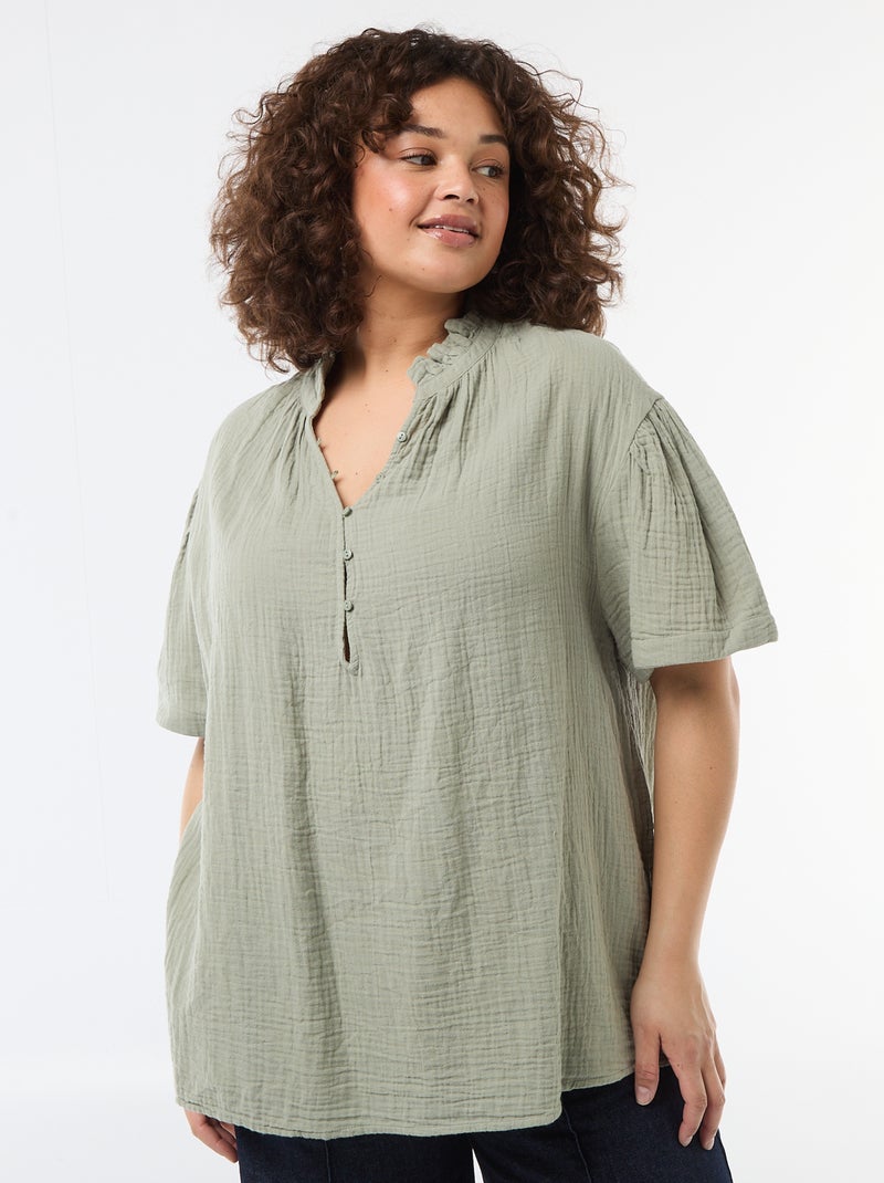 Blusa de gasa de algodón con cuello fruncido Verde - Kiabi