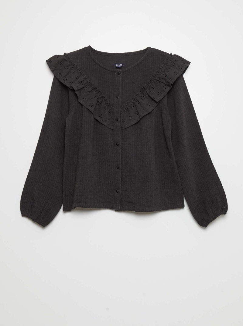 Blusa de gasa de algodón con detalles de volantes NEGRO - Kiabi