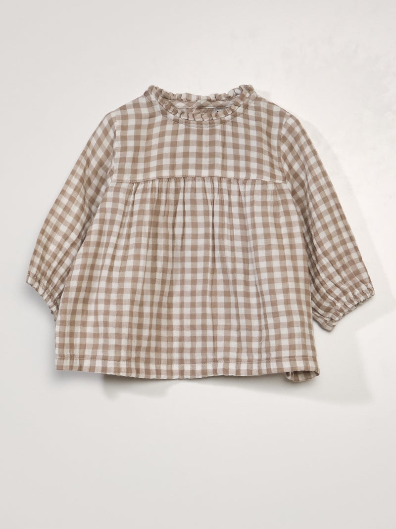 Blusa de gasa de algodón con estampado 'vichy' BEIGE - Kiabi