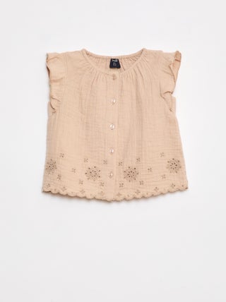 Blusa de gasa de algodón con manga corta con volantes
