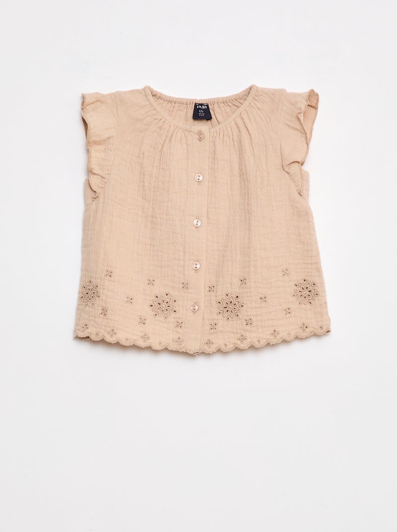 Blusa de gasa de algodón con manga corta con volantes Beige - Kiabi
