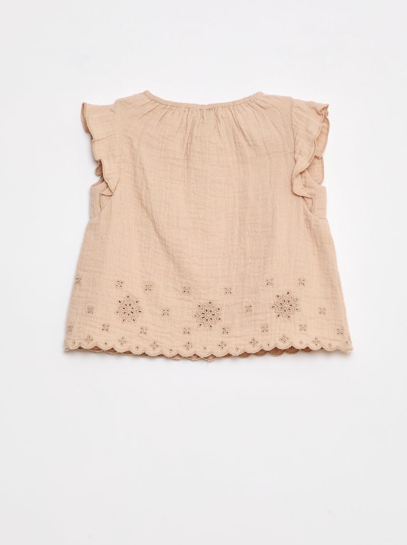 Blusa de gasa de algodón con manga corta con volantes Beige - Kiabi