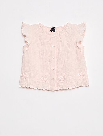 Blusa de gasa de algodón con manga corta con volantes