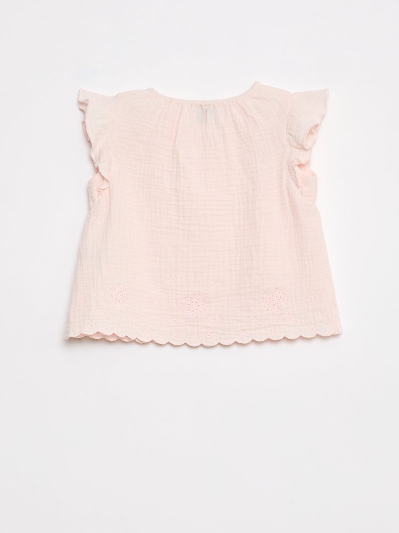 Blusa de gasa de algodón con manga corta con volantes Rosa - Kiabi