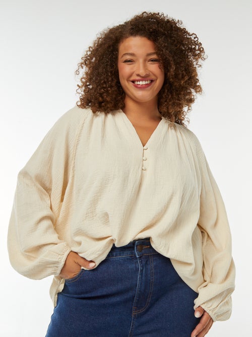 Blusa de gasa de algodón con mangas abombadas - Kiabi