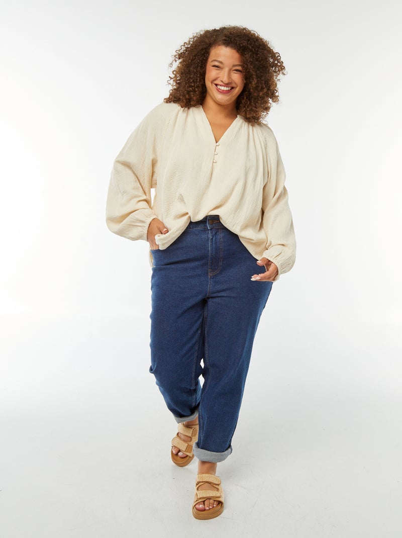 Blusa de gasa de algodón con mangas abombadas Blanco - Kiabi