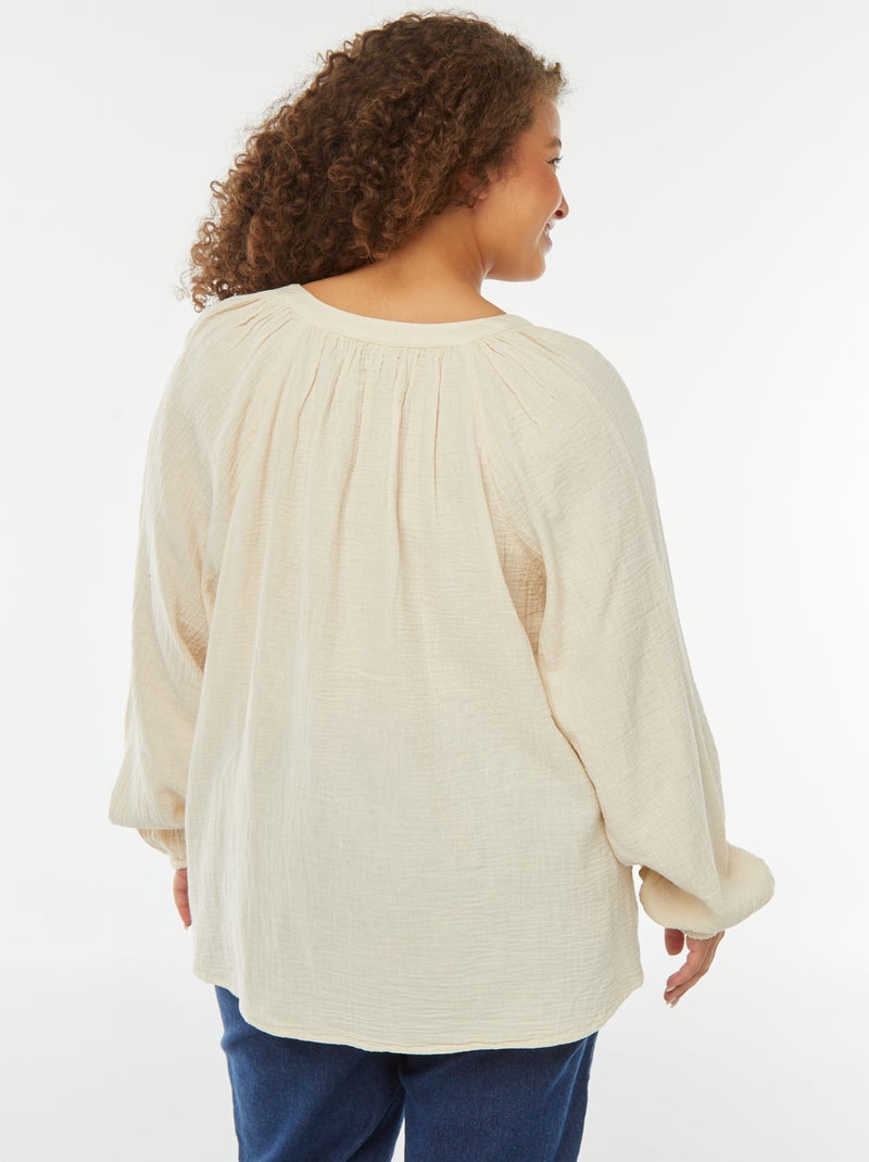 Blusa de gasa de algodón con mangas abombadas Blanco - Kiabi
