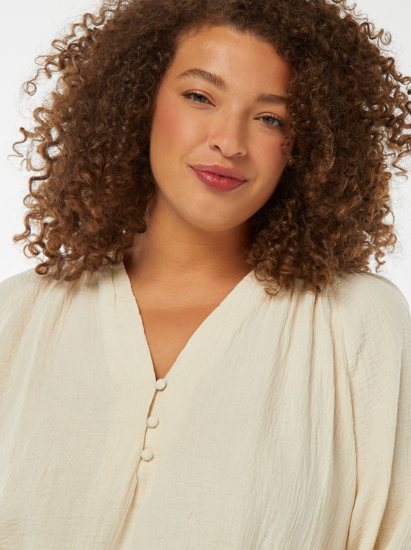 Blusa de gasa de algodón con mangas abombadas Blanco - Kiabi