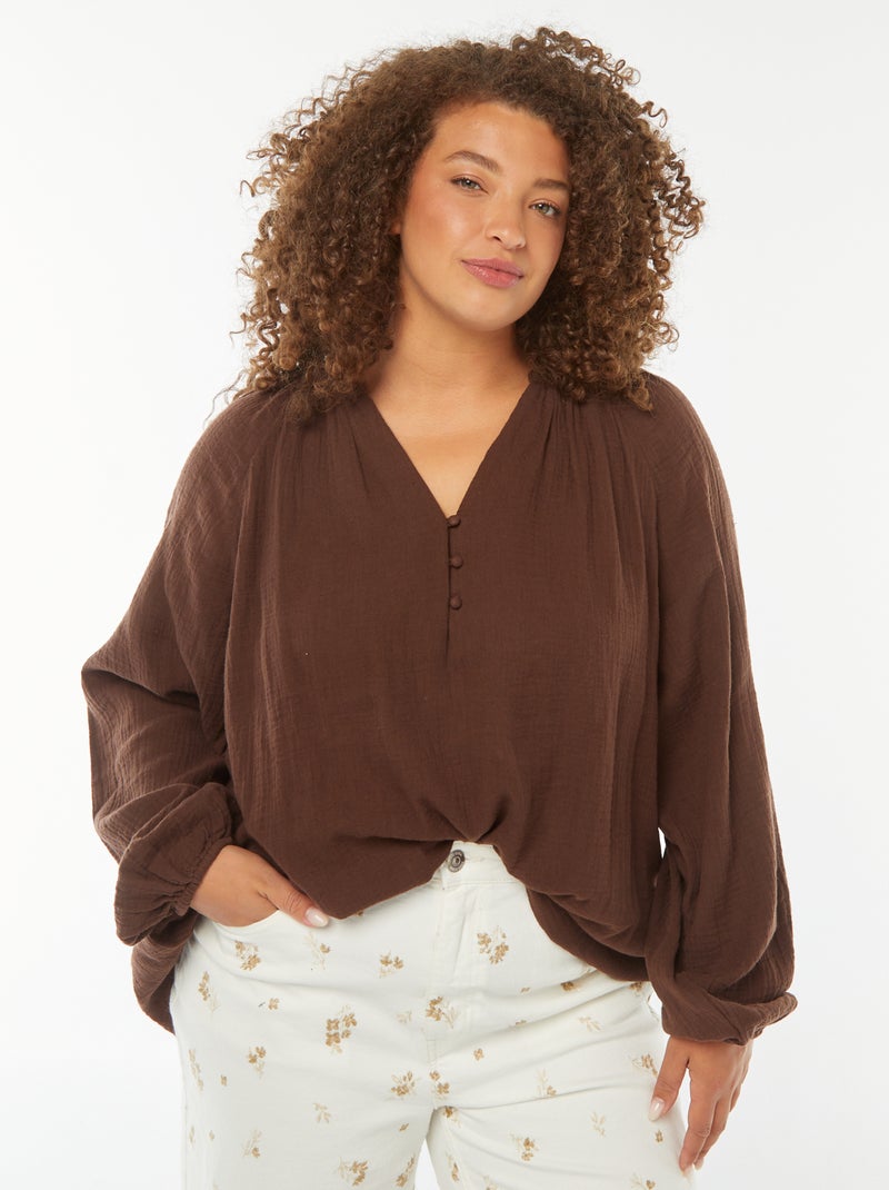 Blusa de gasa de algodón con mangas abombadas Marron - Kiabi