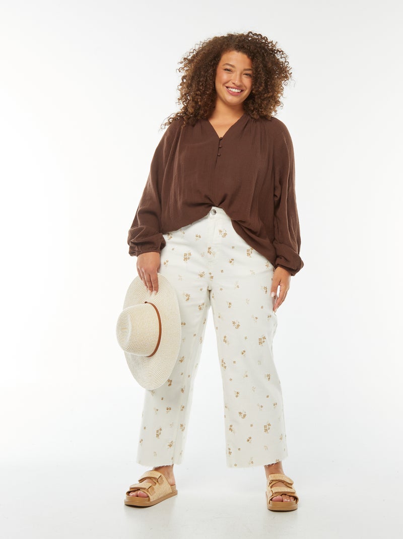 Blusa de gasa de algodón con mangas abombadas Marron - Kiabi