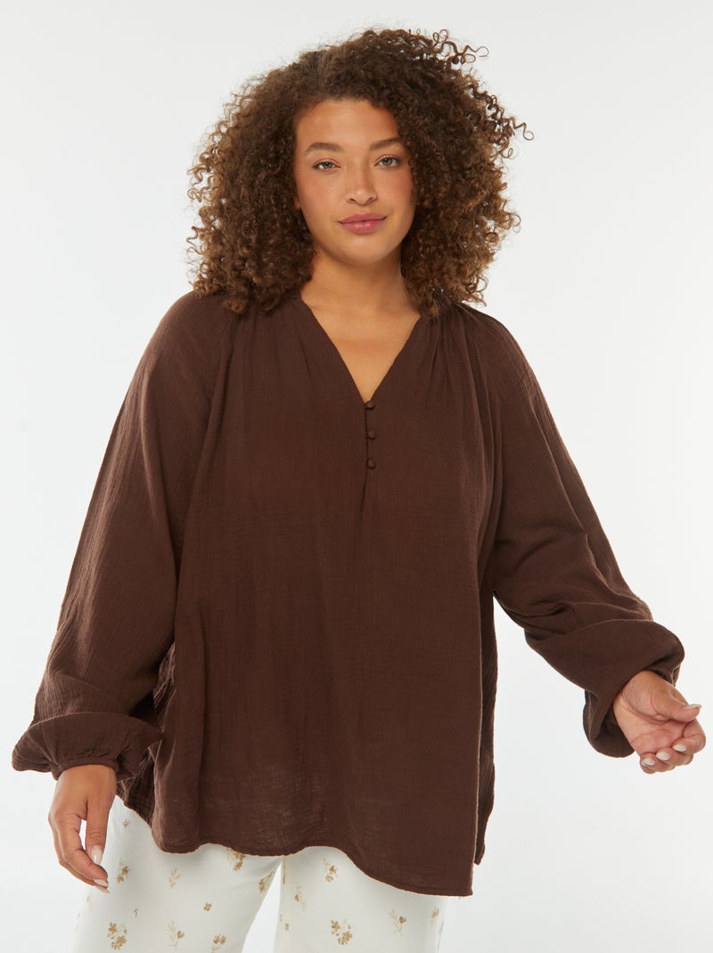 Blusa de gasa de algodón con mangas abombadas Marron - Kiabi
