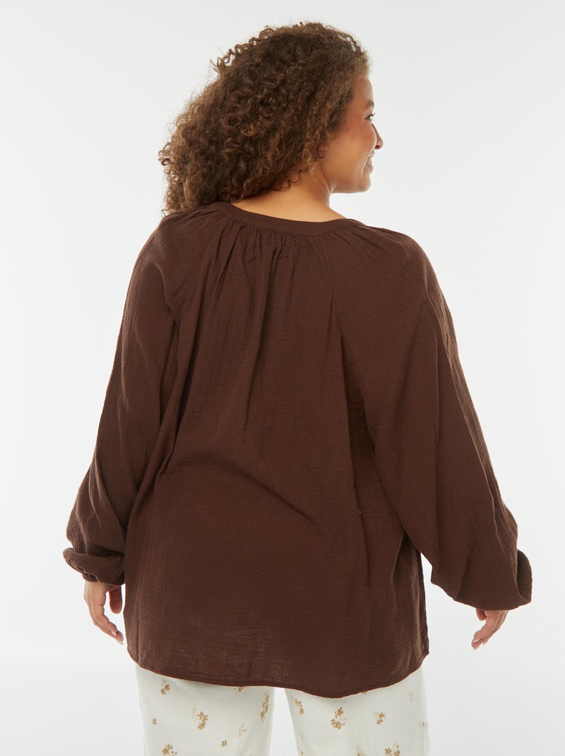Blusa de gasa de algodón con mangas abombadas Marron - Kiabi