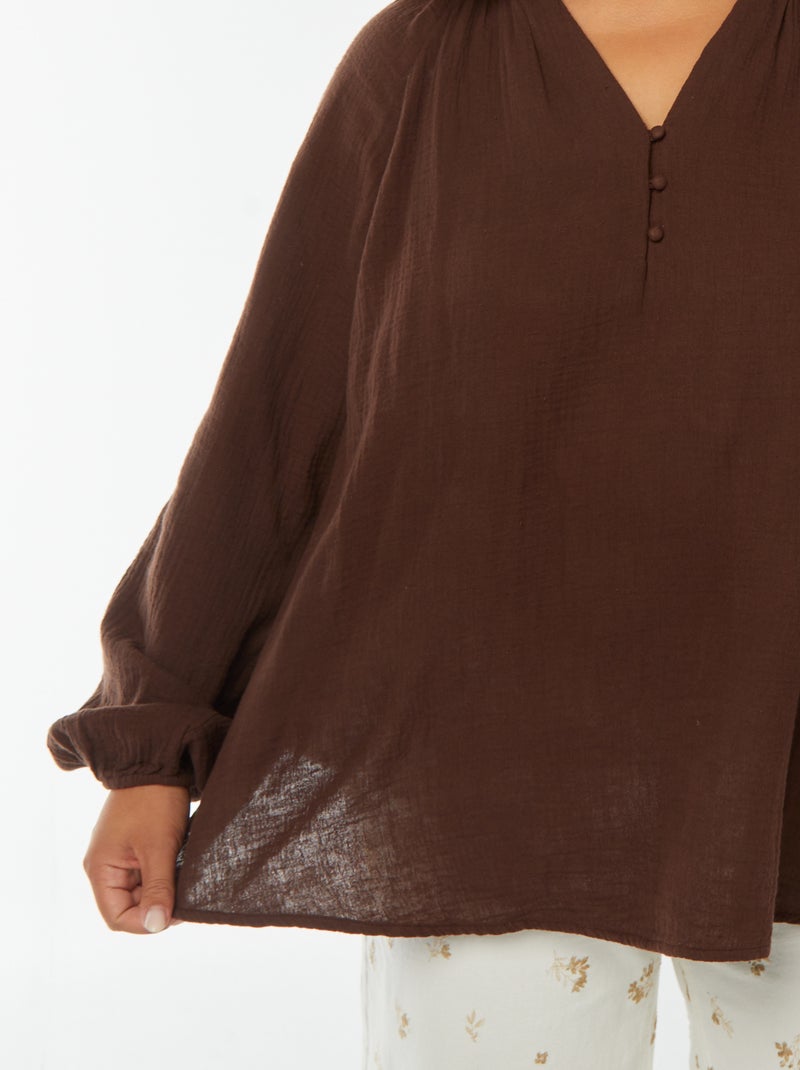 Blusa de gasa de algodón con mangas abombadas Marron - Kiabi