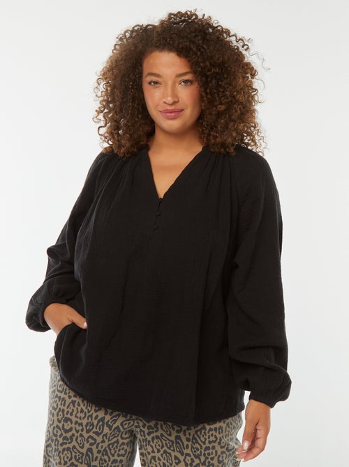 Blusa de gasa de algodón con mangas abombadas - Kiabi