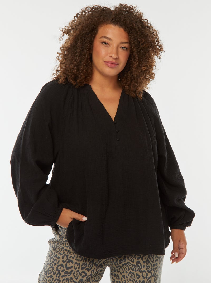 Blusa de gasa de algodón con mangas abombadas negro - Kiabi