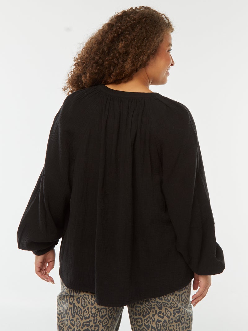 Blusa de gasa de algodón con mangas abombadas negro - Kiabi