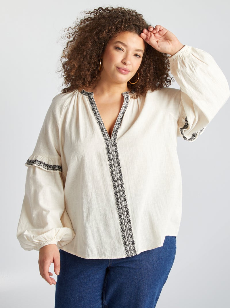 Blusa de gasa de algodón con motivos bordados BEIGE - Kiabi
