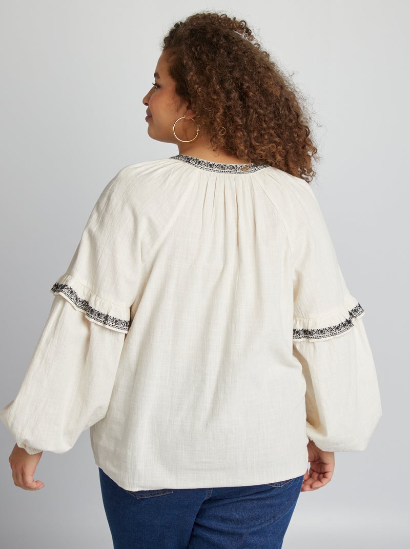 Blusa de gasa de algodón con motivos bordados BEIGE - Kiabi