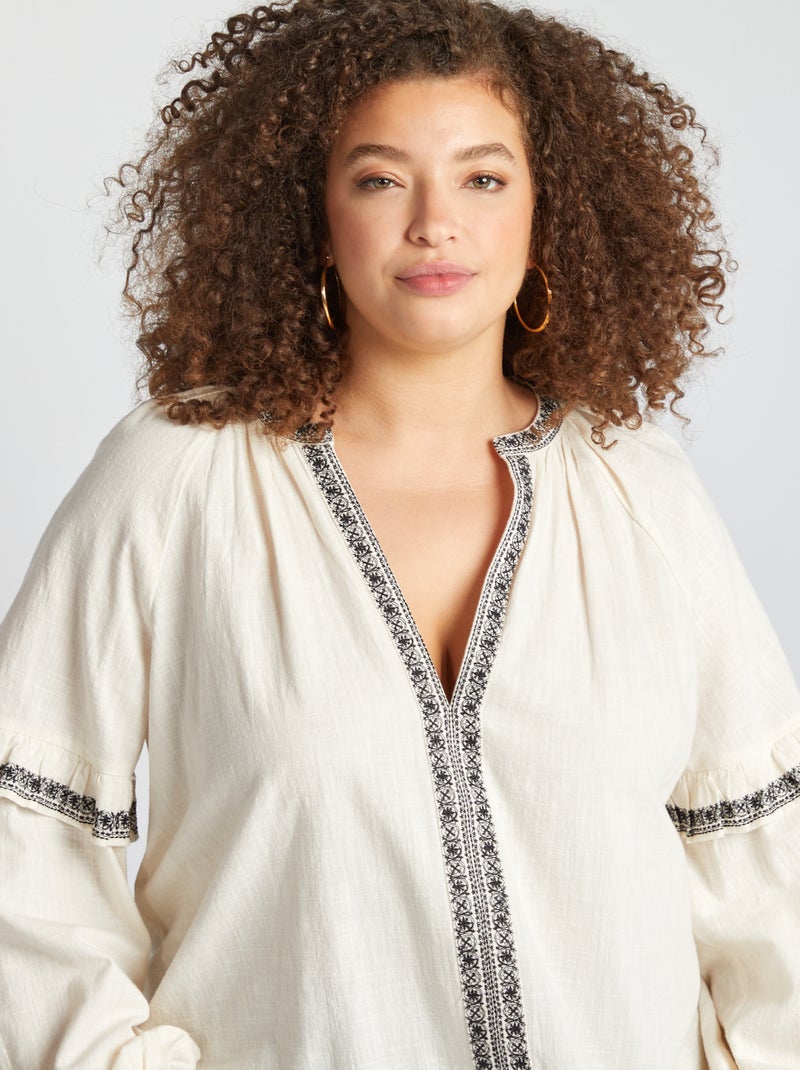 Blusa de gasa de algodón con motivos bordados BEIGE - Kiabi