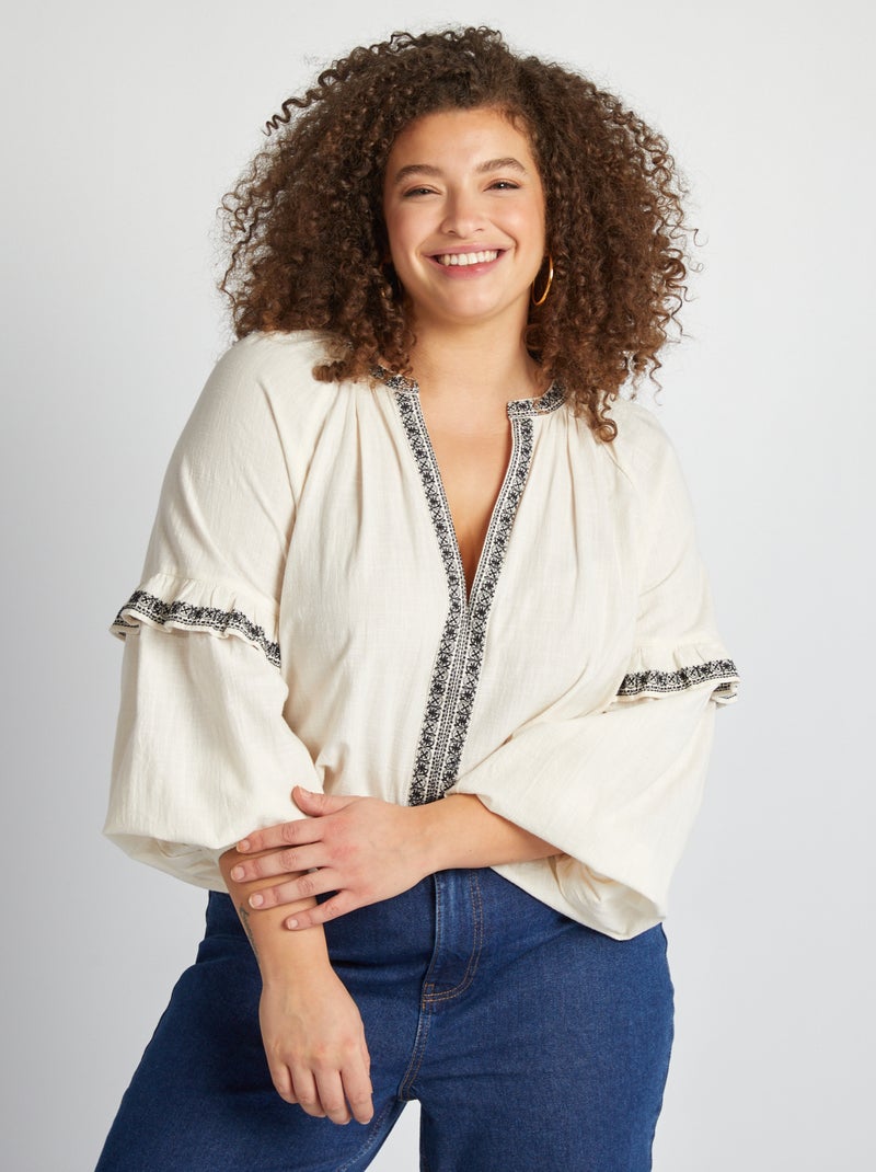 Blusa de gasa de algodón con motivos bordados BEIGE - Kiabi