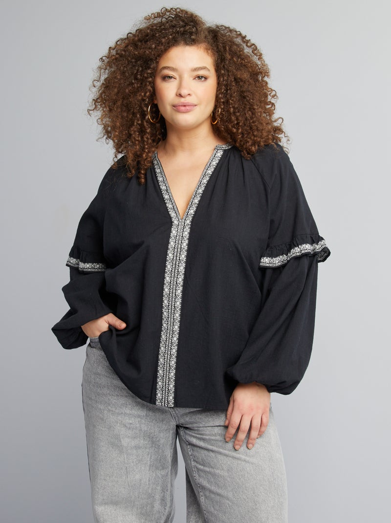 Blusa de gasa de algodón con motivos bordados negro - Kiabi