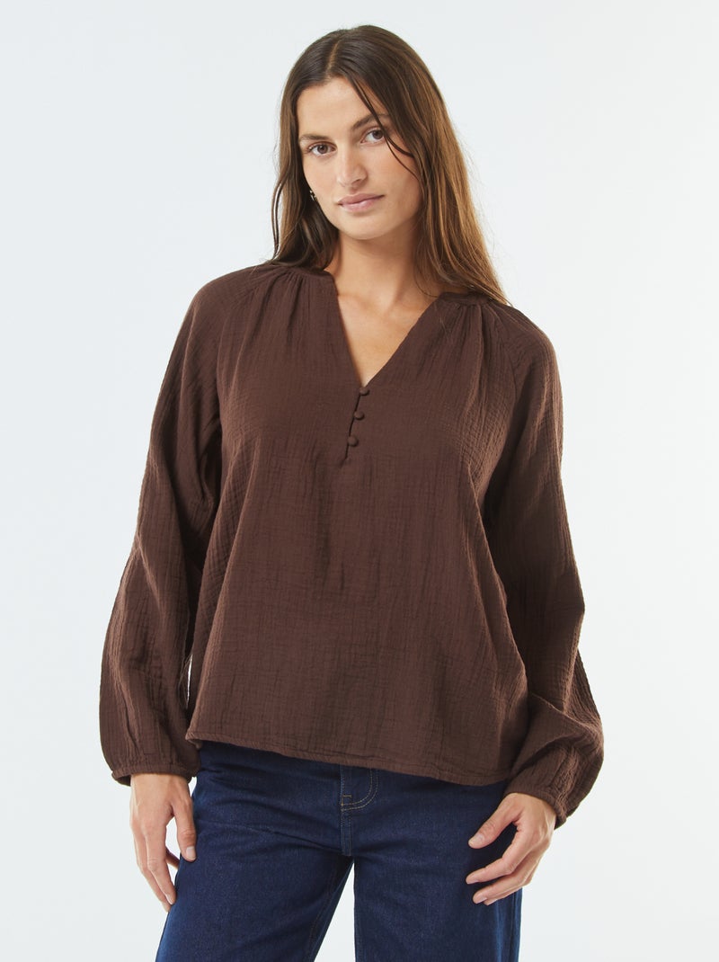 Blusa de gasa de algodón Marron - Kiabi