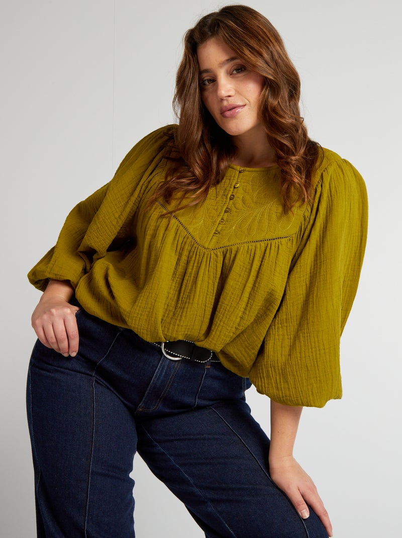 Blusa de gasa de algodón VERDE - Kiabi