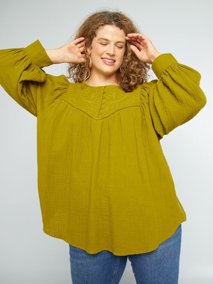 Blusa de gasa de algodón VERDE - Kiabi