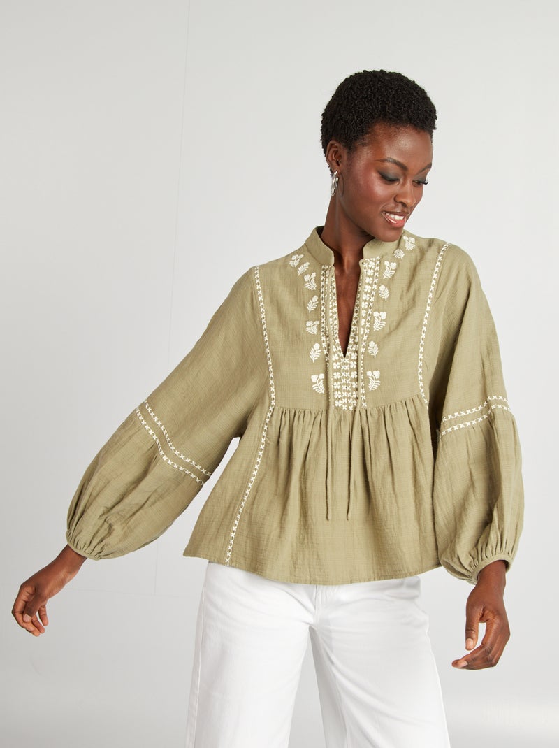 Blusa de gasa de algodón VERDE - Kiabi