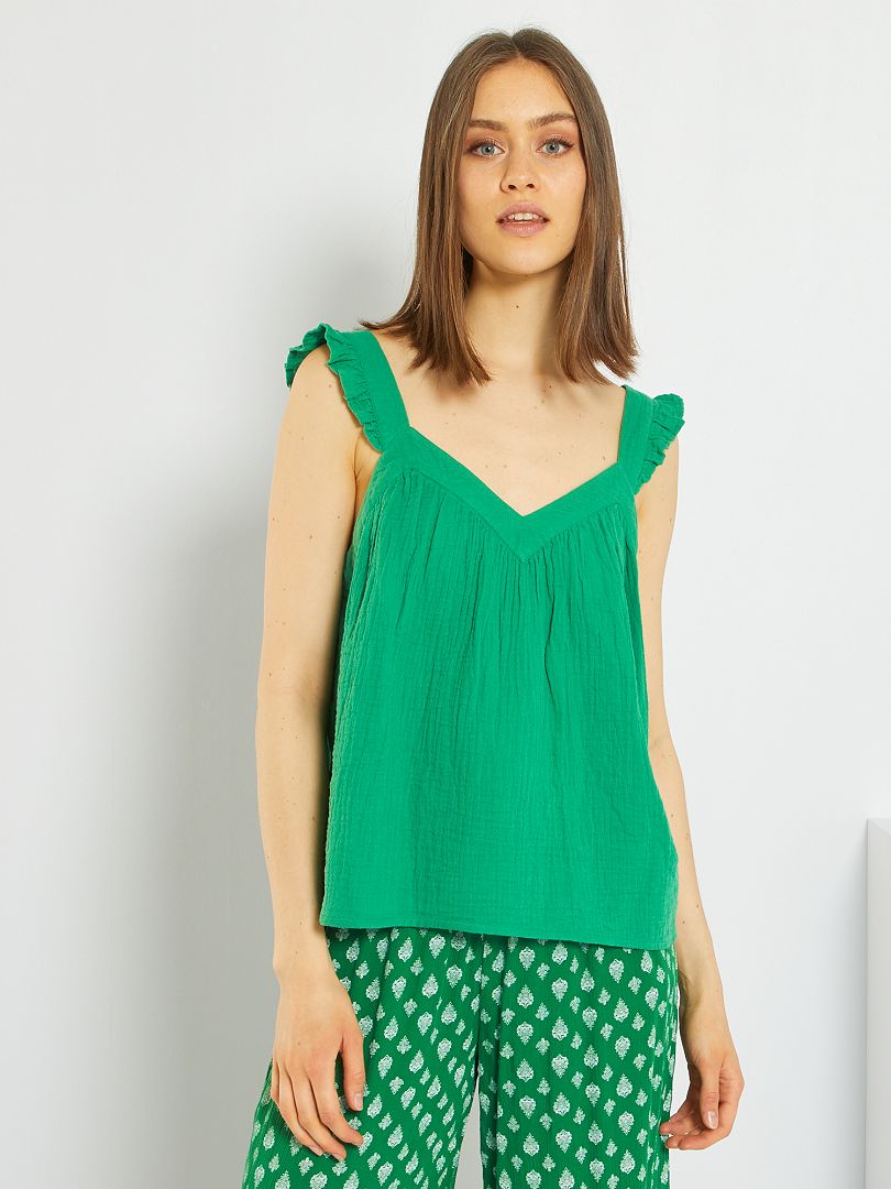 Blusa de gasa de algodón verde - Kiabi