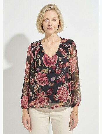 Blusa de gasa floral de manga larga con cuello en V - Afibel