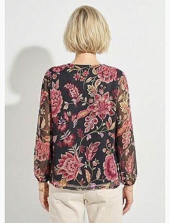 Blusa de gasa floral de manga larga con cuello en V - Afibel
