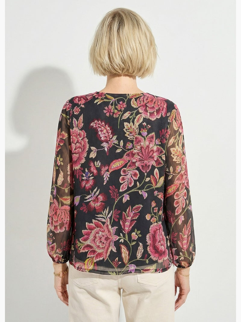 Blusa de gasa floral de manga larga con cuello en V - Afibel Negro - Kiabi