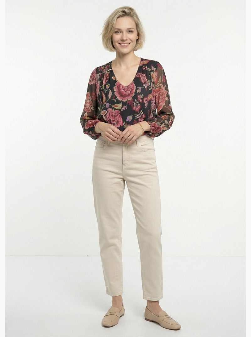 Blusa de gasa floral de manga larga con cuello en V - Afibel Negro - Kiabi
