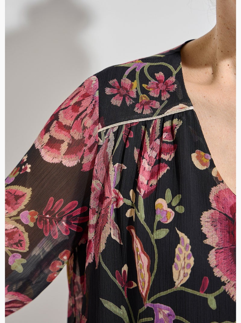 Blusa de gasa floral de manga larga con cuello en V - Afibel Negro - Kiabi