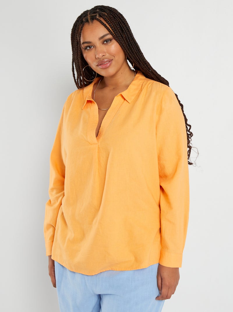 Blusa de lino con cuello de pico NARANJA - Kiabi