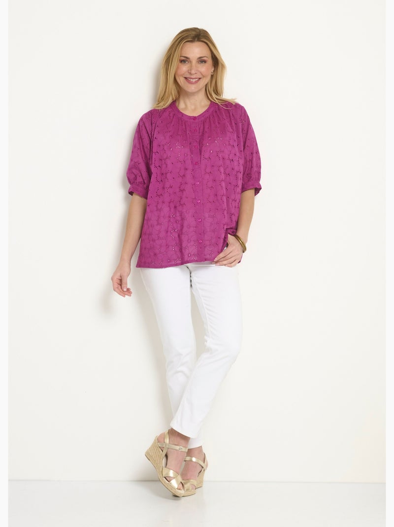 Blusa de manga corta con bordado inglés. - Afibel Violeta - Kiabi