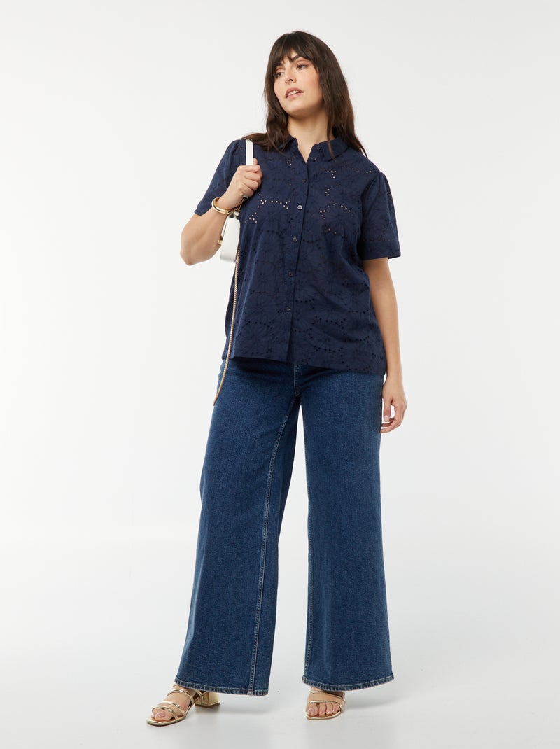 Blusa de manga corta con bordado inglés AZUL - Kiabi