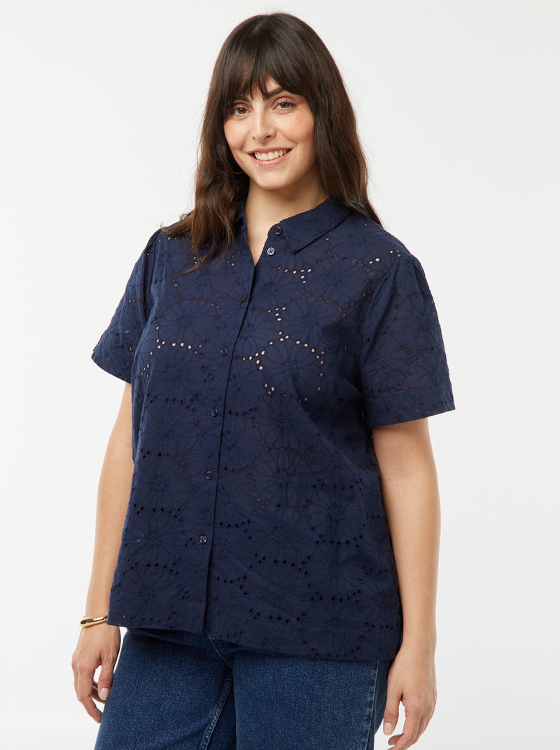 Blusa de manga corta con bordado inglés AZUL - Kiabi